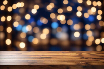 Empty wooden table with bokeh lights background. For product display