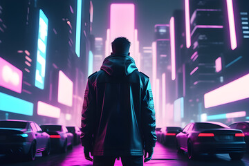 A man in a futuristic jacket standing in front of a blurred cyberpunk city panorama with bright neon lights.