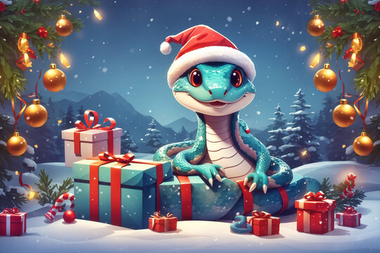 3d illustration of a cute cartoon snake wearing a Santa Claus hat sitting on a snowy hill with Christmas gifts