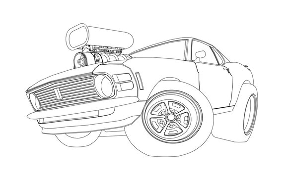 Coloring page. Line drawing of a car. Classic American sports car in cartoon style. A powerful car with a big engine. Coloring book for children.