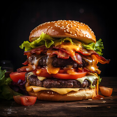 product photo of a juicy burger, handmade, rustic, food photography, delicious, close up photo.