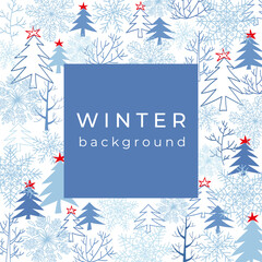 Winter ornament with Christmas trees on a white background. Template for greeting cards, covers, banners, mobile apps, flyers, posters