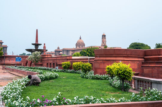 View of the palace.  Raisina Hill, New Delhi, India, the Secretariat Building is a set of two buildings on the opposite side of the Rajpath. 