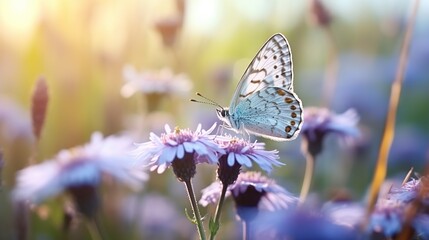 Obraz premium Butterfly on flowers in the meadow. Nature background