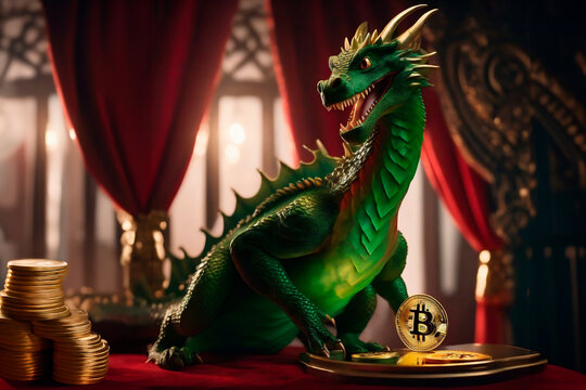 cunning green dragon holds a golden bitcoin in its paw, looking out from behind the red curtain of the theater wings.