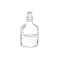 Hand-drawn magic flask with sand, witch bottle, magic potion vector illustration, Halloween potion bottle, mystical doodle design element, magic and sorcery doodle bottle with sand. 