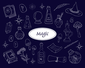 Magical doodle elements, magic poison bottles, crystal ball, witchcraft book and caldron, tarot cards. Collection of Mystical objects. Esoteric doodle elements and logo icons with hands, raven dagger.