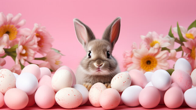 Cute rabbit and colorful Easter eggs on a pink background. Generative AI