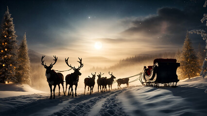 sleigh with reindeer , sleigh on christmas night - obrazy, fototapety, plakaty