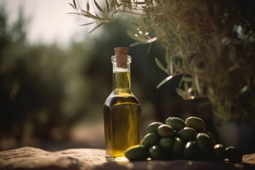 Bottle of natural extra virgin olive oil and green olives with leaves branch on olive trees farm