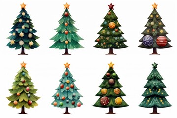 Collage of Christmas trees isolated on diferent backgrounds. Copy space and Christmas like decorations