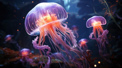 Bioluminescent Ballet: Fluorescent Deep-Sea Jellyfish. Generative AI
