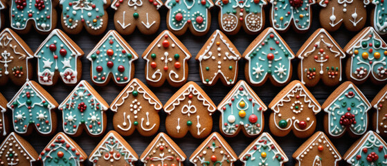 Christmas gingerbread cookies on wooden background. Top view, flat lay.