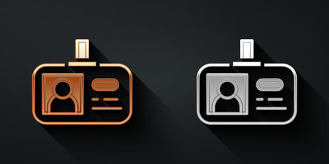 Gold and silver Identification badge icon isolated on black background. It can be used for presentation, identity of the company, advertising. Long shadow style. Vector