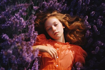 young pretty woman wearing red dress lay down on lavender field with sunlight shine on face,...