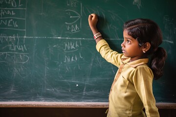 young Indian girl in classroom with blackboard, children and woman rights, education opportunity, Generative Ai - obrazy, fototapety, plakaty