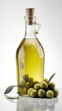 Bottle of natural extra virgin olive oil and green olives with leaves branch