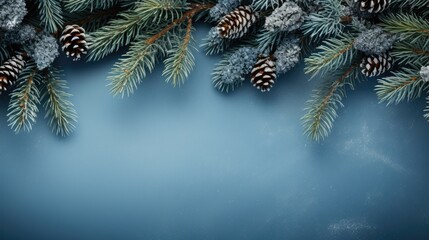  a blue background with pine cones and fir branches with snow on the top and bottom of the pine cones on the bottom of the branch.