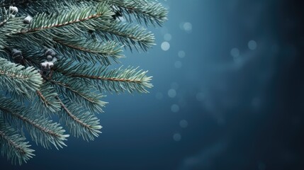  a close up of a pine tree branch with water droplets on the branches and a blurry blue background behind it.
