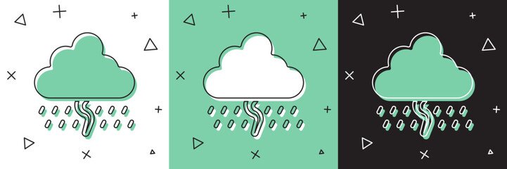 Set Cloud with rain and lightning icon isolated on white and green, black background. Rain cloud precipitation with rain drops.Weather icon of storm. Vector