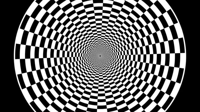 Cylinder tunnel square chess black and white rotating, checker board 3d animation, optical illusion loop footage abstract background for vj, dj, template, intro and outro video.