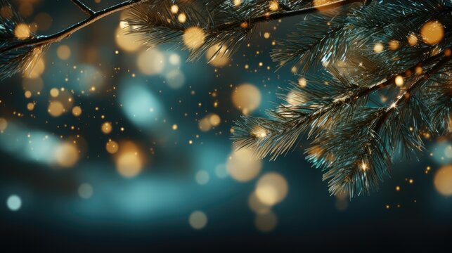  a close up of a pine tree branch with a blurry image of the branches and lights in the background.