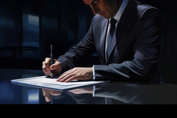 The Businessman's Reflection: A Man in a Suit Engrossed in Writing on a Notebook