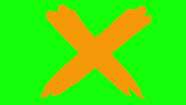 Animated orange symbol of cross appears. Icon is drawn. Concept of prohibition. Flat vector illustration isolated on green background.