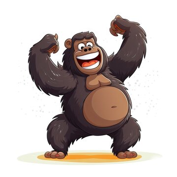  A Cartoon Gorilla With A Big Smile On His Face And Arms, Standing On One Leg With One Foot In The Air.