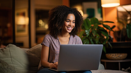 Fototapeta premium Close up portrait of young beautiful woman smiling while working with laptop in office.