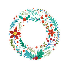 Watercolor christmas wreath design. Winter holiday season. Template, background, banner, card, poster. Vector illustration.