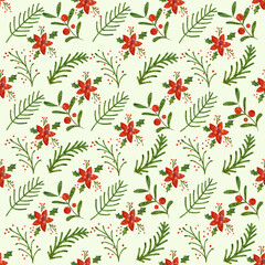 Seamless pattern with Christmas botanical plants, flowers and berries. Textile or wallpaper print