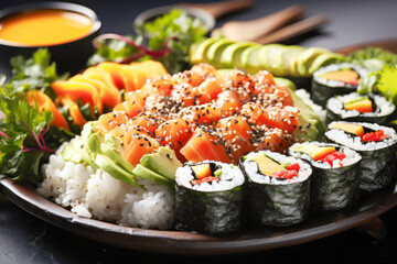 Delectable display of sushi, including sashimi, avocado-topped nigiri, and vegetable maki rolls, sprinkled with sesame seeds, emphasizes healthy eating and caters to vegan dietary preferences