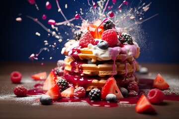 mini waffle and berryes explosion - obrazy, fototapety, plakaty
