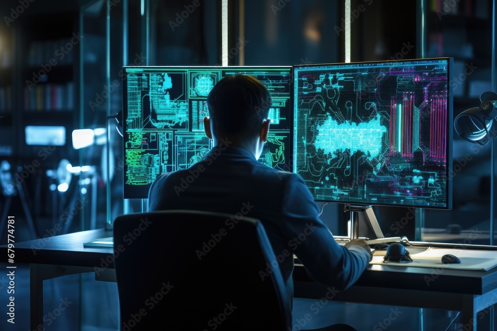 Poster back view of businessman working on desktop computer at night in dark office, software engineer util