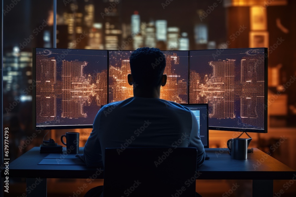 Poster back view of young businessman sitting at desk and working on computer with cityscape at night, soft