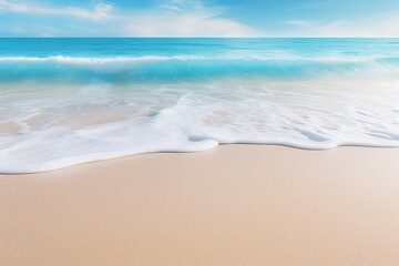 Fototapeta na wymiar Soft wave of the sea on the sandy beach with blue sky background, Soft wave of blue ocean on sandy beach. Background, AI Generated