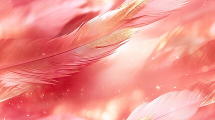  a close up of a pink and gold background with a bunch of pink and gold feathers in the foreground.