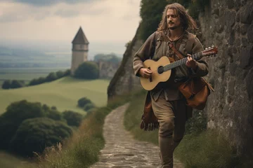 Fototapete Rund Wandering minstrel traveling through medieval landscapes © thejokercze