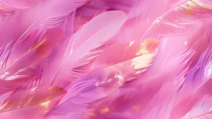 Foto op Aluminium  a close up of a pink background with lots of pink and gold feathers in the foreground and a blurry background of pink feathers in the foreground. © Shanti