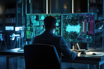 Back view of businessman working on desktop computer at night in dark office, Software engineer utilizing a computer in a modern data communication room, network connection lines, AI Generated