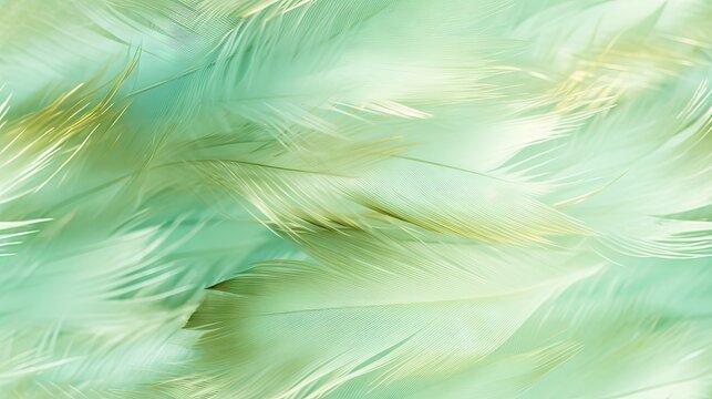  a close up view of a green and yellow feather pattern on a white and green background with a blurry image of a bird's feathers.