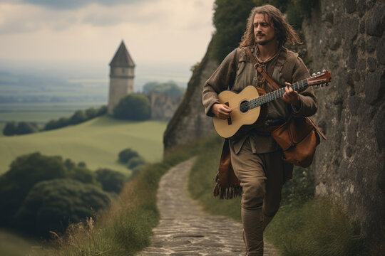 Wandering minstrel traveling through medieval landscapes