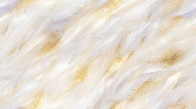  a close up of a white and gold background with white and gold feathers in the foreground and a white and gold background in the middleground.