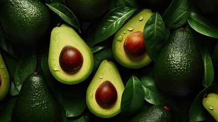  a pile of avocados with leaves and drops of water on them and one of them has an avocado cut in half.
