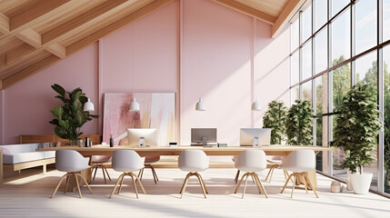 a room with pink walls and a wooden table with white chairs and a plant in the corner of the room.