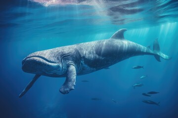 Humpback whale swimming in deep blue ocean. Toned, Sperm whale swimming underwater, AI Generated