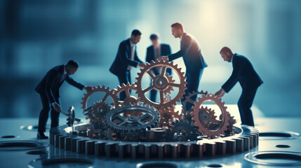Team of business professionals is collaboratively working on a large mechanical gear assembly, symbolizing teamwork and cooperation in a corporate environment.
