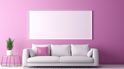 a living room with a pink wall and a white couch with a pink pillow and a potted plant next to it.