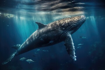 Humpback whale swimming underwater in deep blue ocean. Scientific name: Sperm whale, Sperm whale swimming underwater, AI Generated - obrazy, fototapety, plakaty